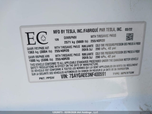 7SAYGAEE3NF400591 Tesla Model Y Long Range