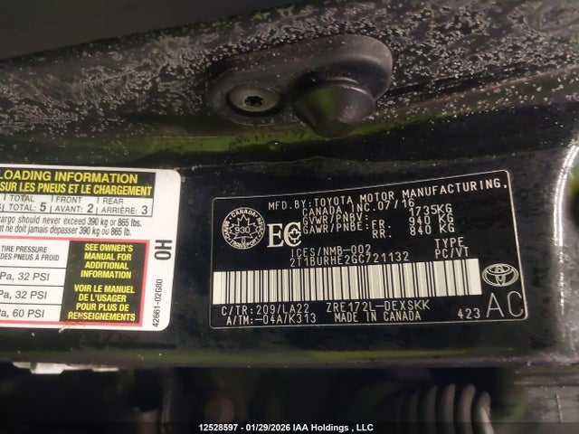 2T1BURHE2GC721132 Toyota Corolla L/le/le Pls/prm/s/s Pls