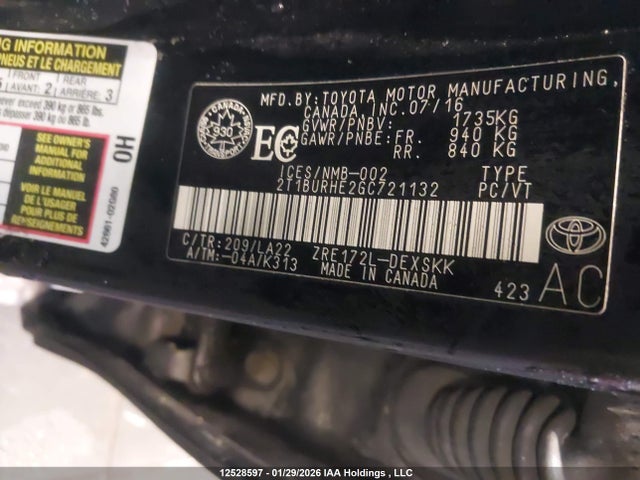 2T1BURHE2GC721132 Toyota Corolla L/le/le Pls/prm/s/s Pls