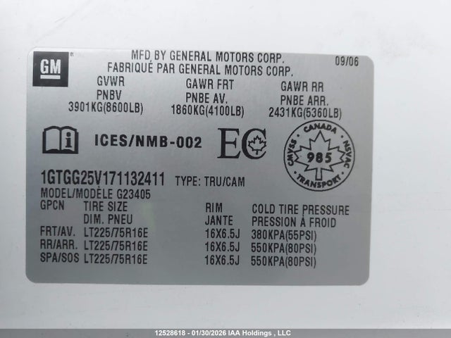 12528618 :رقم المزاد ، 1GTGG25V171132411 vin ، 2007 Gmc Savana G2500 مزاد بيع