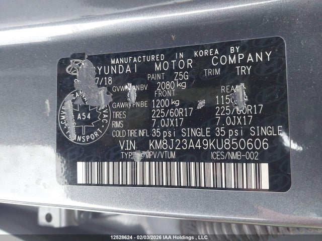 KM8J23A49KU850606 Hyundai Tucson Essential W/safety Package