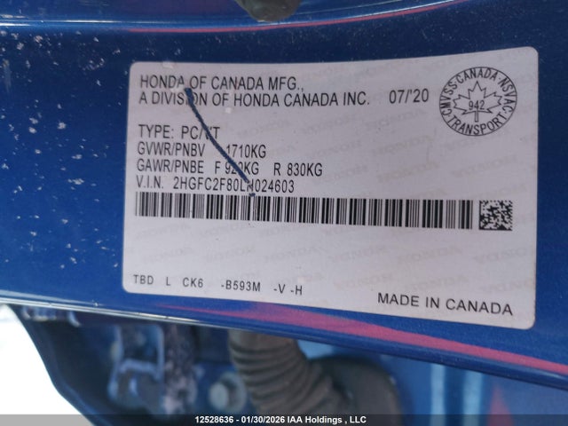 2020 Honda Civic Sport მანქანა იყიდება აუქციონზე, vin: 2HGFC2F80LH024603, აუქციონის ნომერი: 12528636