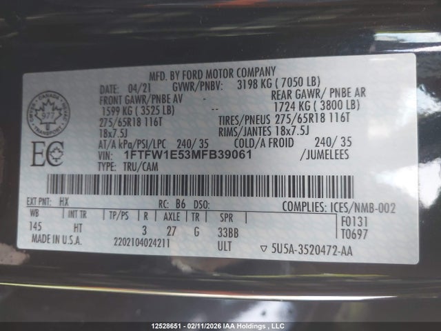 Продаж на аукціоні авто 2021 Ford F150 Supercrew, vin: 1FTFW1E53MFB39061, номер лоту: 12528651