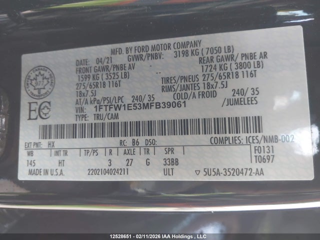 Продаж на аукціоні авто 2021 Ford F150 Supercrew, vin: 1FTFW1E53MFB39061, номер лоту: 12528651