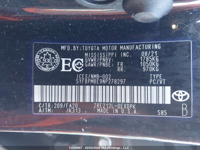 12528667 :رقم المزاد ، 5YFBPMBE9NP278297 vin ، 2022 Toyota Corolla L مزاد بيع