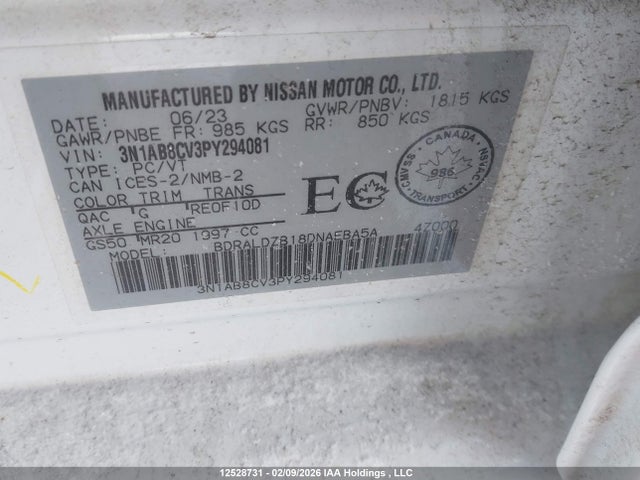 3N1AB8CV3PY294081 Nissan SENTRA SV