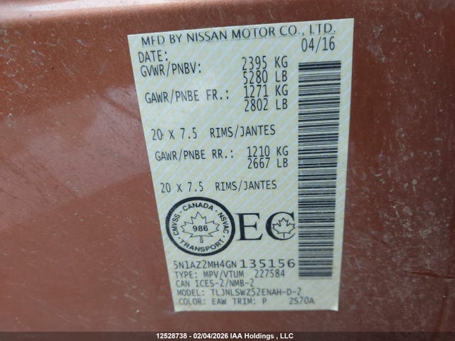 Aukcja sprzedaży 2016 Nissan Murano S/sl/sv/platinum, vin: 5N1AZ2MH4GN135156, numer aukcji: 12528738