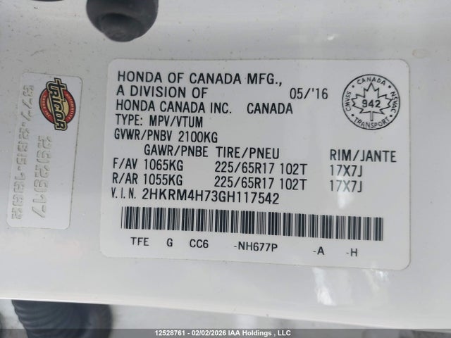 2HKRM4H73GH117542 Honda Cr-v Ex-l
