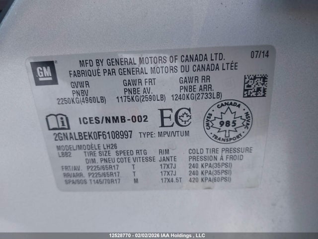 2GNALBEK0F6108997 Chevrolet EQUINOX LT