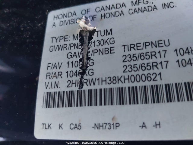 2HKRW1H38KH000621 Honda CR-V