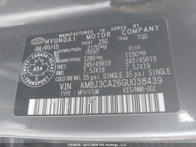 Продаж на аукціоні авто 2016 Hyundai Tucson Limited/sport And Eco/se, vin: KM8J3CA26GU038439, номер лоту: 12528835