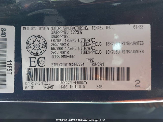 12528855 :رقم المزاد ، 5TFLA5DA1NX007774 vin ، 2022 Toyota Tundra Sr مزاد بيع