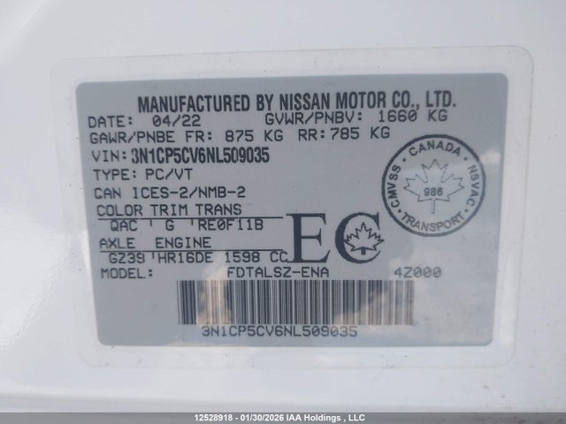 3N1CP5CV6NL509035 Nissan KICKS SV
