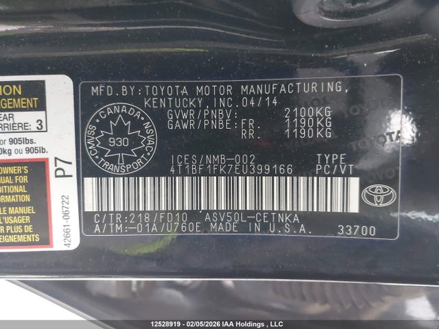12528919 :رقم المزاد ، 4T1BF1FK7EU399166 vin ، 2014 Toyota Camry L/se/le/xle مزاد بيع