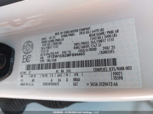 Aukcja sprzedaży 2021 Ford F150 Supercrew, vin: 1FTEW1EB2MFB96465, numer aukcji: 12528926