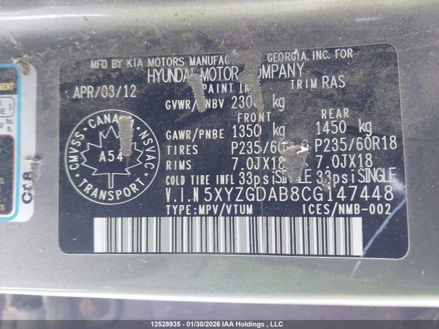 12528935 :رقم المزاد ، 5XYZGDAB8CG147448 vin ، 2012 Hyundai Santa Fe مزاد بيع