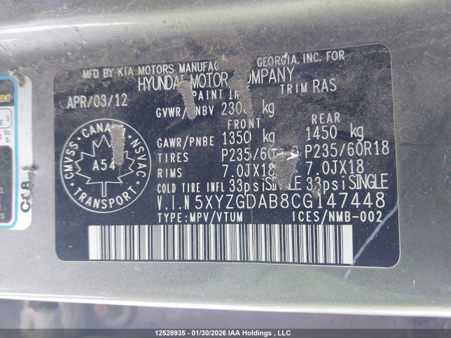 12528935 :رقم المزاد ، 5XYZGDAB8CG147448 vin ، 2012 Hyundai Santa Fe مزاد بيع