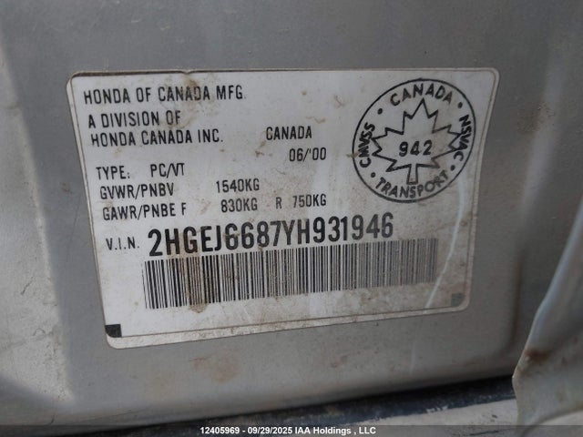 Продаж на аукціоні авто 2000 Honda Civic Ex-g, vin: 2HGEJ6687YH931946, номер лоту: 12405969