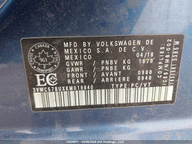 3VWC57BUXKM019840 Volkswagen Jetta 1.4 Tsi Comfortline