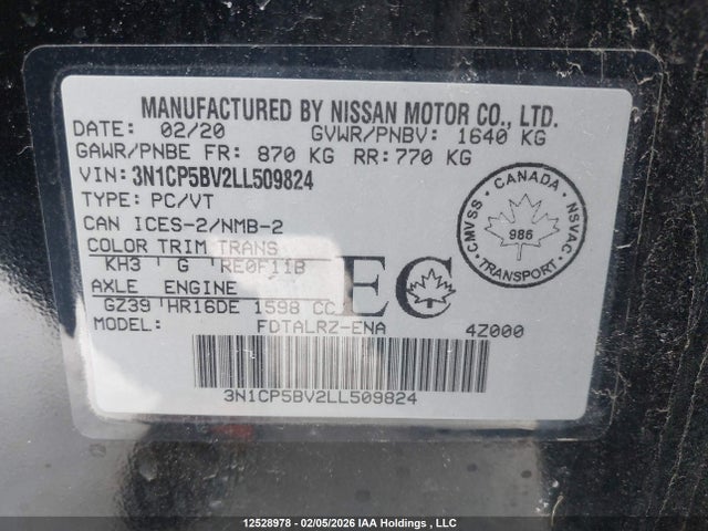 3N1CP5BV2LL509824 Nissan KICKS S