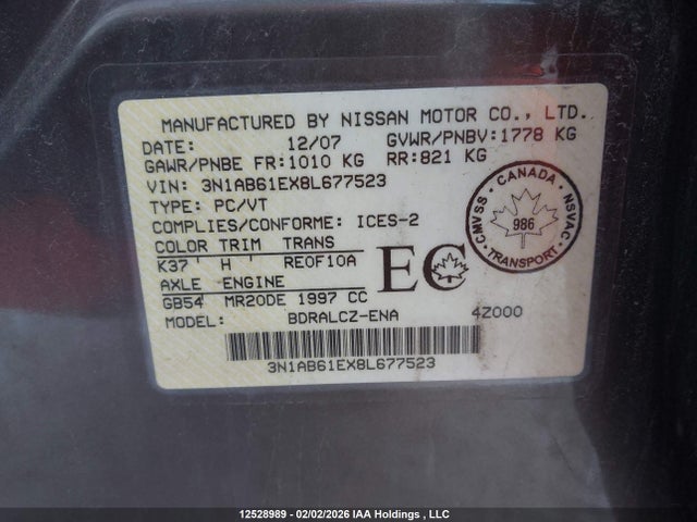 2008 Nissan Sentra 2.0/2.0s/2.0sl მანქანა იყიდება აუქციონზე, vin: 3N1AB61EX8L677523, აუქციონის ნომერი: 12528989