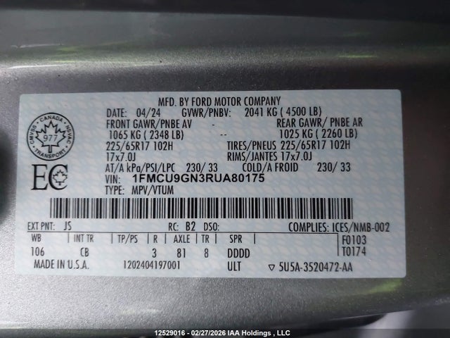 Aukcja sprzedaży 2024 Ford Escape, vin: 1FMCU9GN3RUA80175, numer aukcji: 12529016