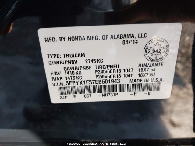 12529029 :رقم المزاد ، 5FPYK1F57EB501943 vin ، 2014 Honda Ridgeline Rtl مزاد بيع