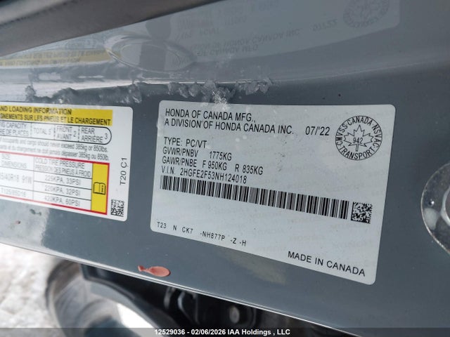 Aukcja sprzedaży 2022 Honda Civic, vin: 2HGFE2F53NH124018, numer aukcji: 12529036