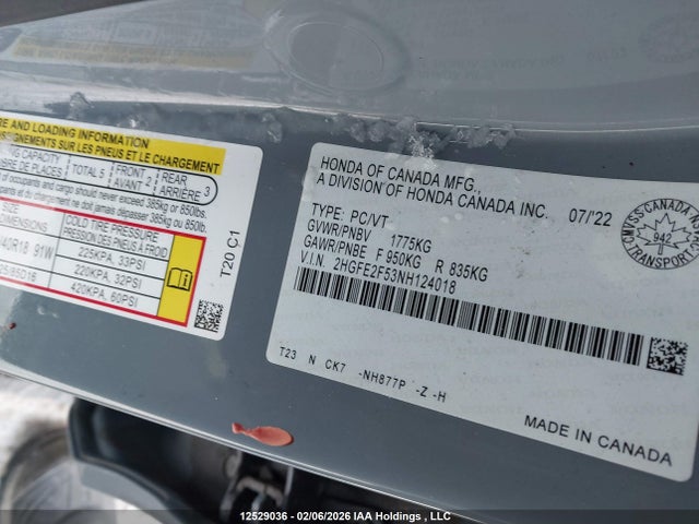 Aukcja sprzedaży 2022 Honda Civic, vin: 2HGFE2F53NH124018, numer aukcji: 12529036
