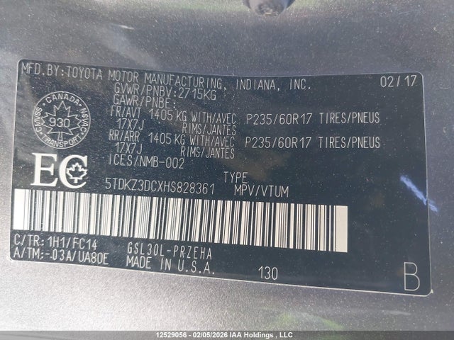 5TDKZ3DCXHS828361 Toyota SIENNA LE