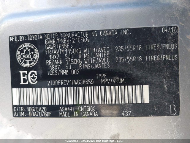 2T3DFREV1HW638659 Toyota Rav4 Limited/se/platinum