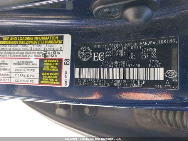 12529091 :رقم المزاد ، 2T1BU4EE2BC695499 vin ، 2011 Toyota Corolla مزاد بيع