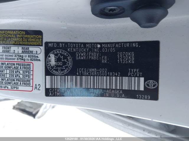 12529100 :رقم المزاد ، 4T1BK36B55U018342 vin ، 2005 Toyota Avalon Xl/xls/touring/limited مزاد بيع
