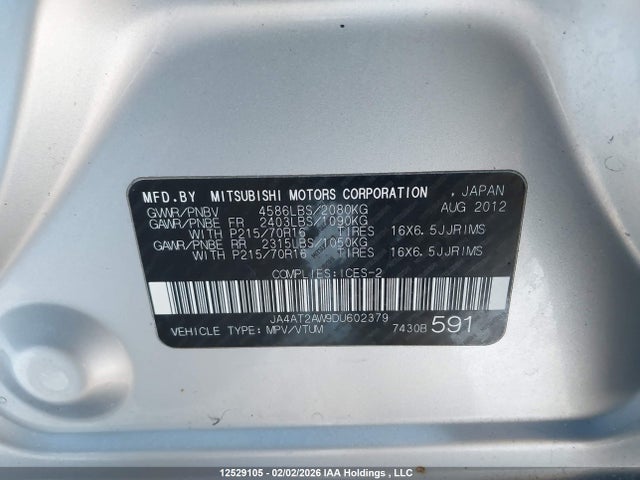 Продаж на аукціоні авто 2013 Mitsubishi Outlander Es, vin: JA4AT2AW9DU602379, номер лоту: 12529105