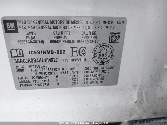 Aukcja sprzedaży 2017 Chevrolet Trax Premier, vin: 3GNCJRSB4HL184927, numer aukcji: 12529173