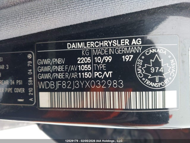 12529179 :رقم المزاد ، WDBJF82J3YX032983 vin ، 2000 Mercedes-benz E 320 4matic مزاد بيع