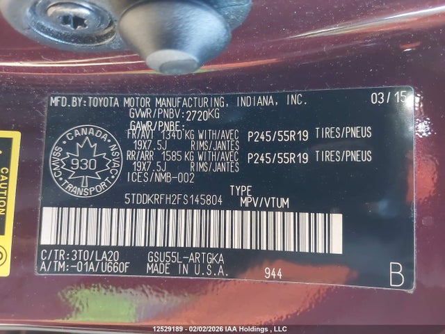 Toyota Highlander Limited 2015 5TDDKRFH2FS145804 Image 9