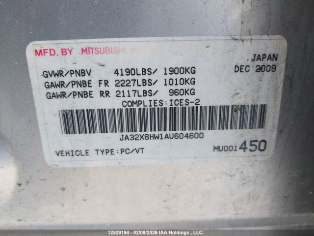 Aukcja sprzedaży 2010 Mitsubishi Lancer, vin: JA32X8HW1AU604600, numer aukcji: 12529194