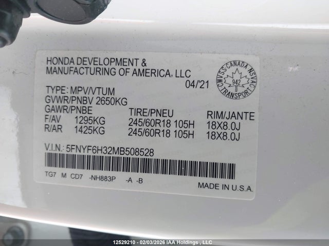 Honda Pilot Ex 2021 5FNYF6H32MB508528 Image 9