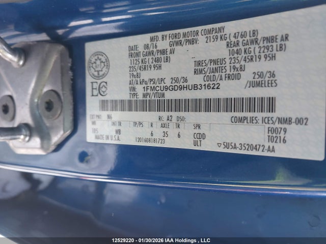 1FMCU9GD9HUB31622 Ford ESCAPE SE