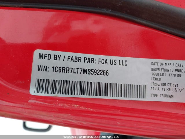 12529269 :رقم المزاد ، 1C6RR7LT7MS592266 vin ، 2021 Ram 1500 Classic Slt مزاد بيع