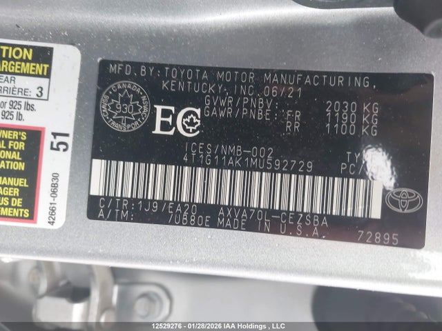 4T1G11AK1MU592729 Toyota Camry Se/se Night Shade