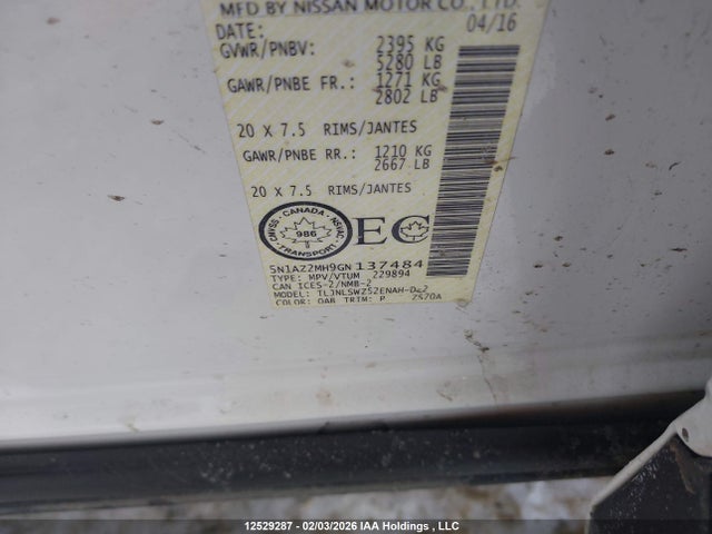 5N1AZ2MH9GN137484 Nissan Murano Platinum/sl/sv