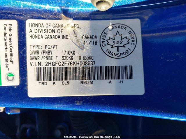Продаж на аукціоні авто 2019 Honda Civic Ex 4dr, vin: 2HGFC2F76KH008637, номер лоту: 12529294