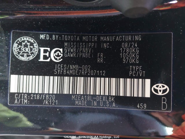 Aukcja sprzedaży 2024 Toyota Corolla Le, vin: 5YFB4MDE7RP207112, numer aukcji: 12529296