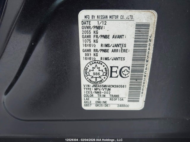 12529304 :رقم المزاد ، JN8AS5MV4CW390561 vin ، 2012 Nissan Rogue S/sv مزاد بيع