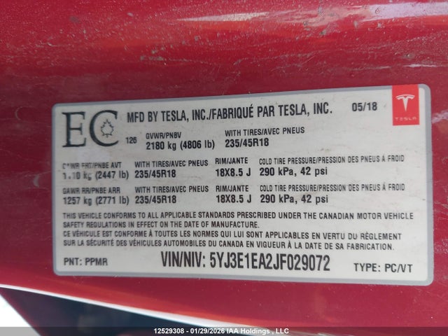 5YJ3E1EA2JF029072 Tesla Model 3 Long Range/mid Range
