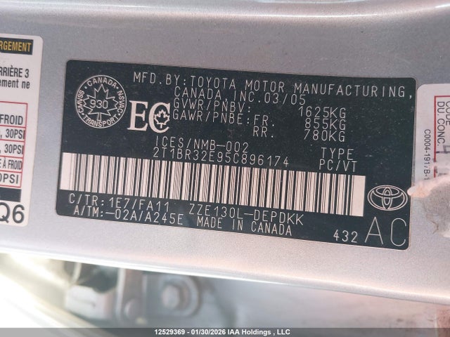 Продажа на аукционе авто 2005 Toyota Corolla Ce/le/s, vin: 2T1BR32E95C896174, номер лота: 12529369