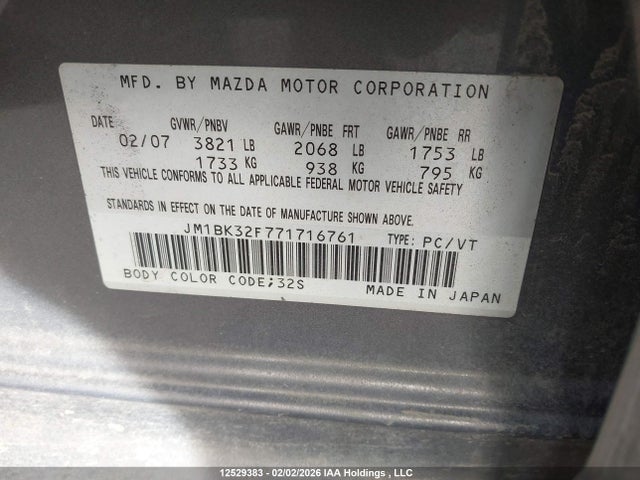 Aukcja sprzedaży 2007 Mazda 3 I, vin: JM1BK32F771716761, numer aukcji: 12529383