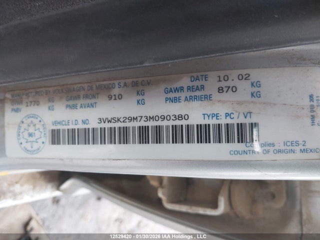 12529420 :رقم المزاد ، 3VWSK29M73M090380 vin ، 2003 Volkswagen Jetta Gls مزاد بيع